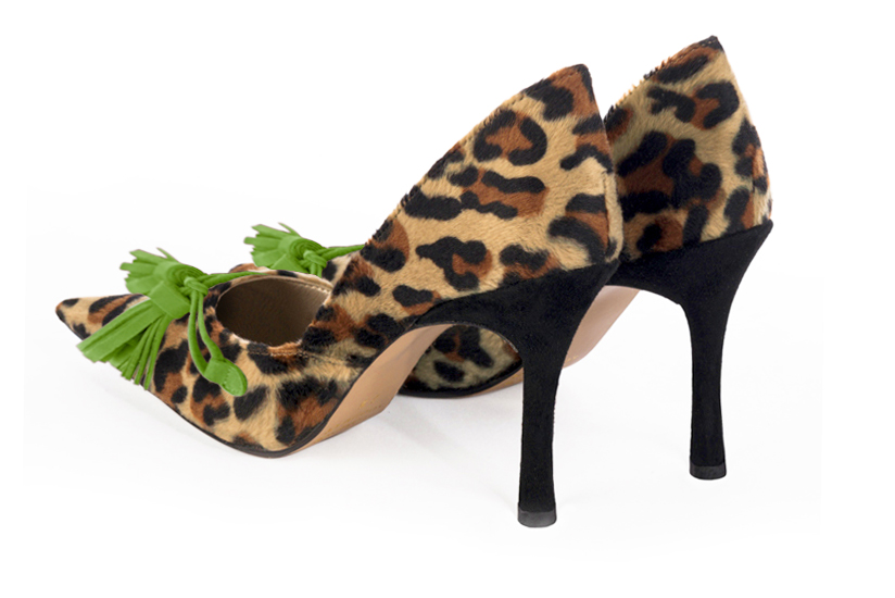 Safari black and grass green women's open arch dress pumps. Pointed toe. Very high slim heel. Rear view - Florence KOOIJMAN